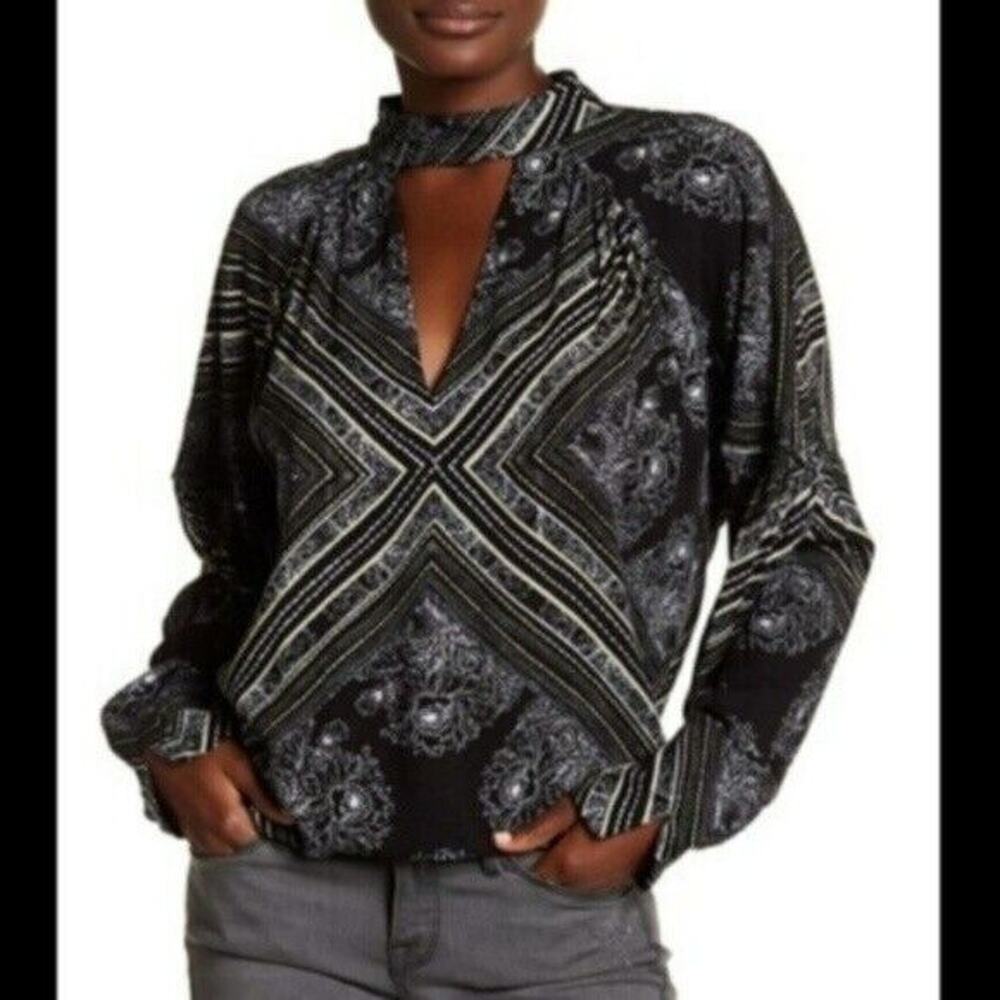 Free People Black White Yellow Walking on a Dream Printed Tunic Top NEW Women XS